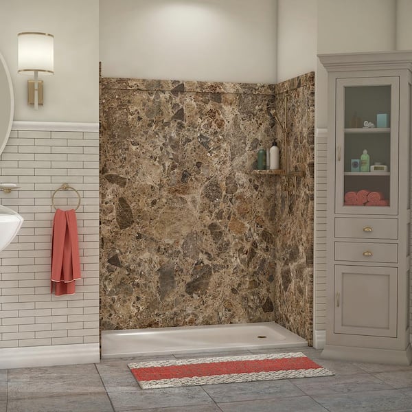 FlexStone Adaptable 60 in. x 60 in. x 80 in. 9-Piece Easy Up Adhesive Alcove Shower Surround in Breccia Paradiso