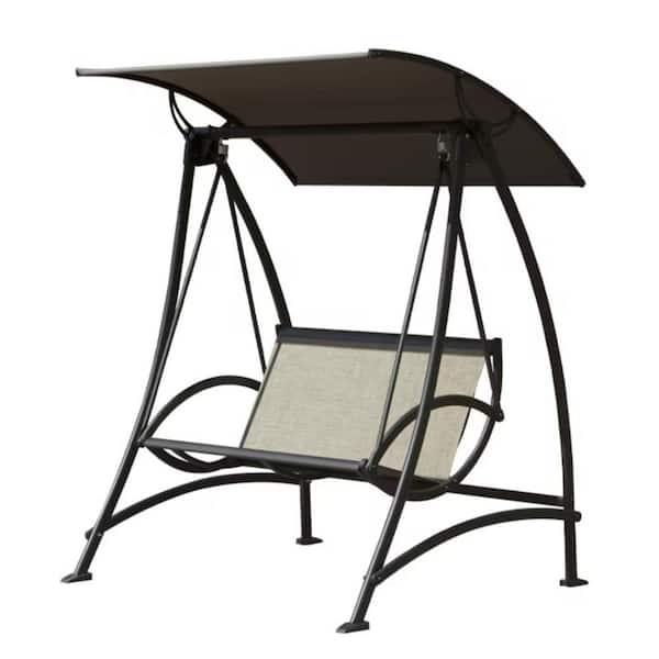 2-Person Brown Metal Patio Swing Chair Outdoor Porch Swing with Adjustable Canopy without cushions