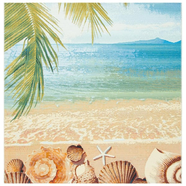 Barbados Gold/Blue 8 ft. x 8 ft. Square Novelty Nautical Indoor/Outdoor Area Rug