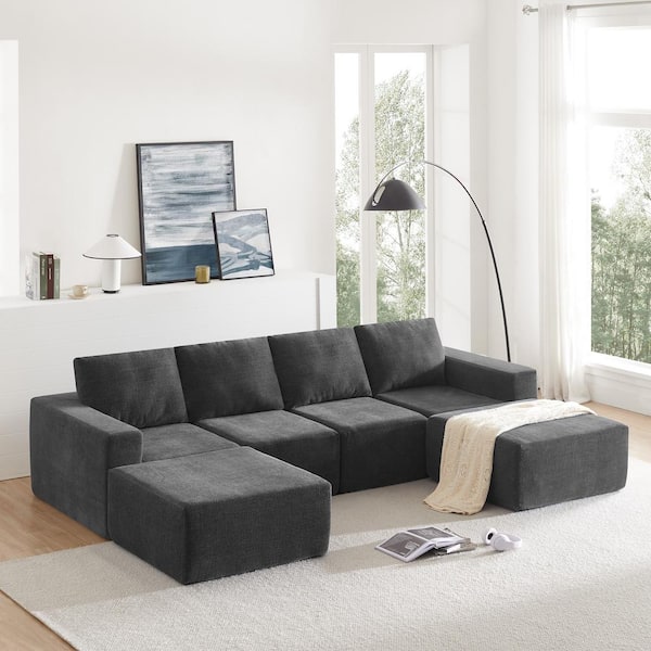 Harper & Bright Designs 110 in. Square Arm 6-seat Chenille U-shape Convertible Sectional Sofa in Dark Gray with 2 Ottoman, Free Combination