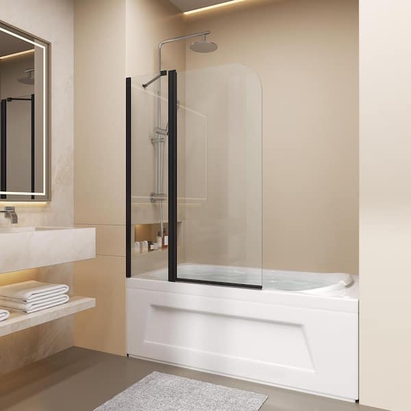 39 in. W x 55 in. H Semi-Frameless Pivot Tub Door in Matte Black with Clear Tempered Glass