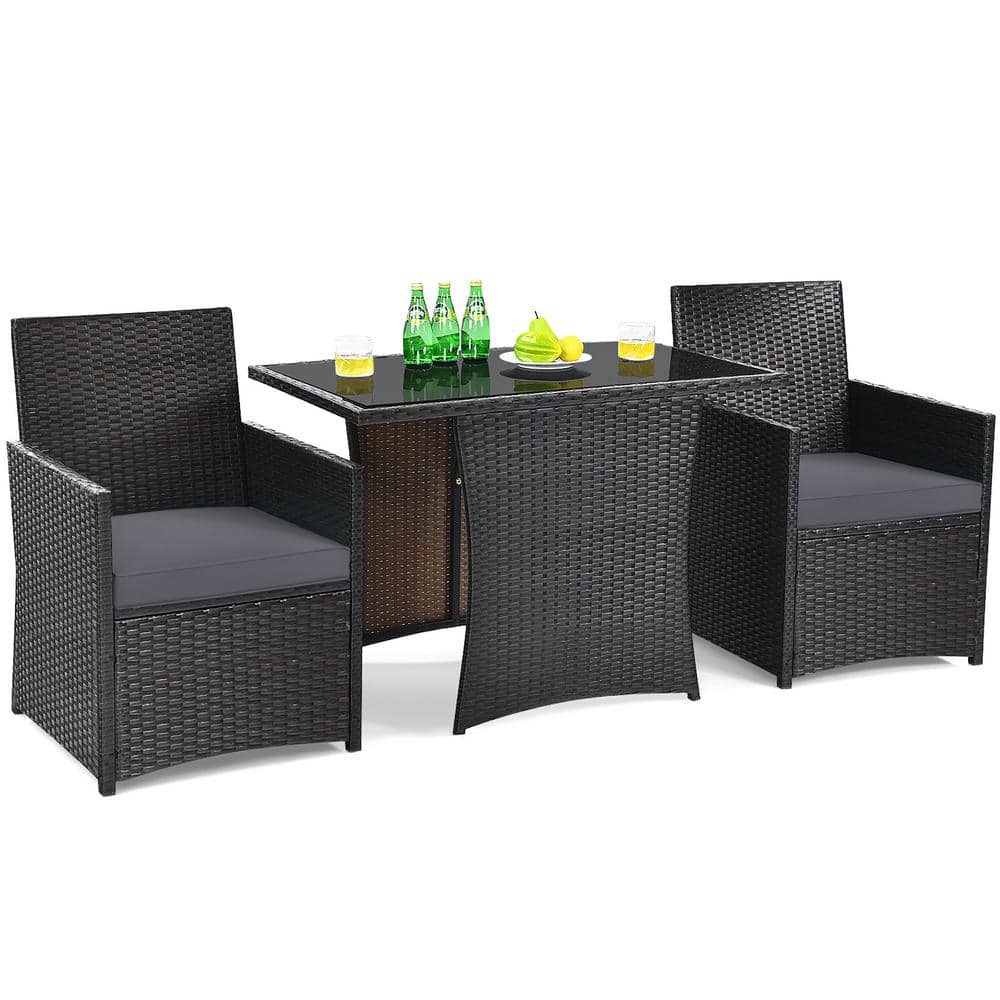 Gray 3-Piece Outdoor Bistro Set with Cushions and Tempered Glass Table