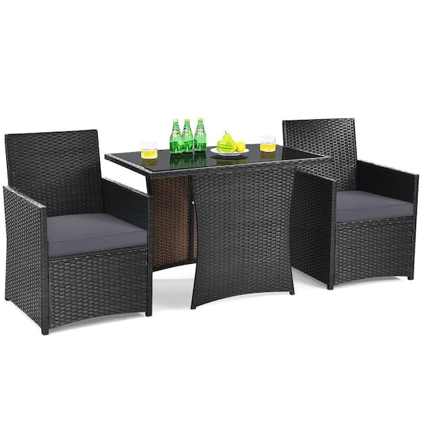 3PCS Patio Rattan Furniture Set Cushion Sofa Armrest Garden Deck Gray