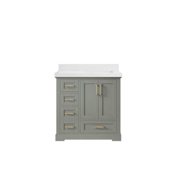 Willow Collections Boston 36 in. W x 22 in. D x 36 in. H Right Offset Sink Bath Vanity in Evergreen with 2 in. White Quartz Top
