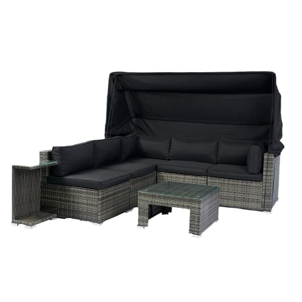 Sudzendf Gray 7-Piece Wicker Outdoor Retractable Canopy Patio Sectional Sofa Set with Black Washable Cushions