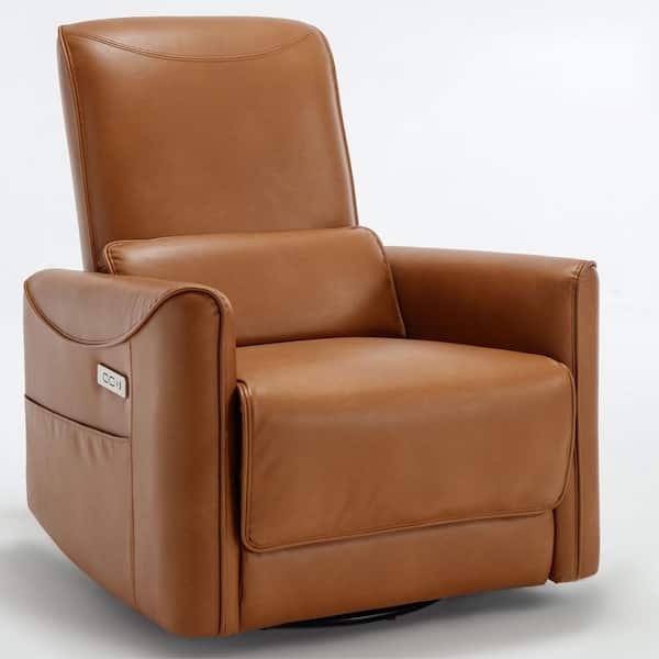 LUCKY ONE Brown Faux Leather Ergonomic Chair Swivel Rocker Recliner with USB and Type-C Ports