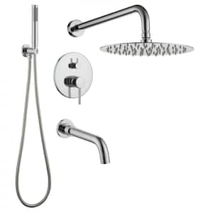 1-Spray 10 in. Round Wall Mount Dual Rain Fixed and Handheld Shower Head 1.8 GPM in Chrome