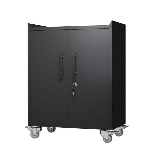 Heavy Duty 30.31 in. W x 18.11 in. D 2 Door Black Metal Rolling Tool Cabinet, Lockable Garage Storage Cabinet