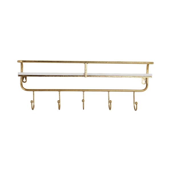 20 in. W x 6 in. D White/Gold Metal 5 Hook Decorative Wall Shelf