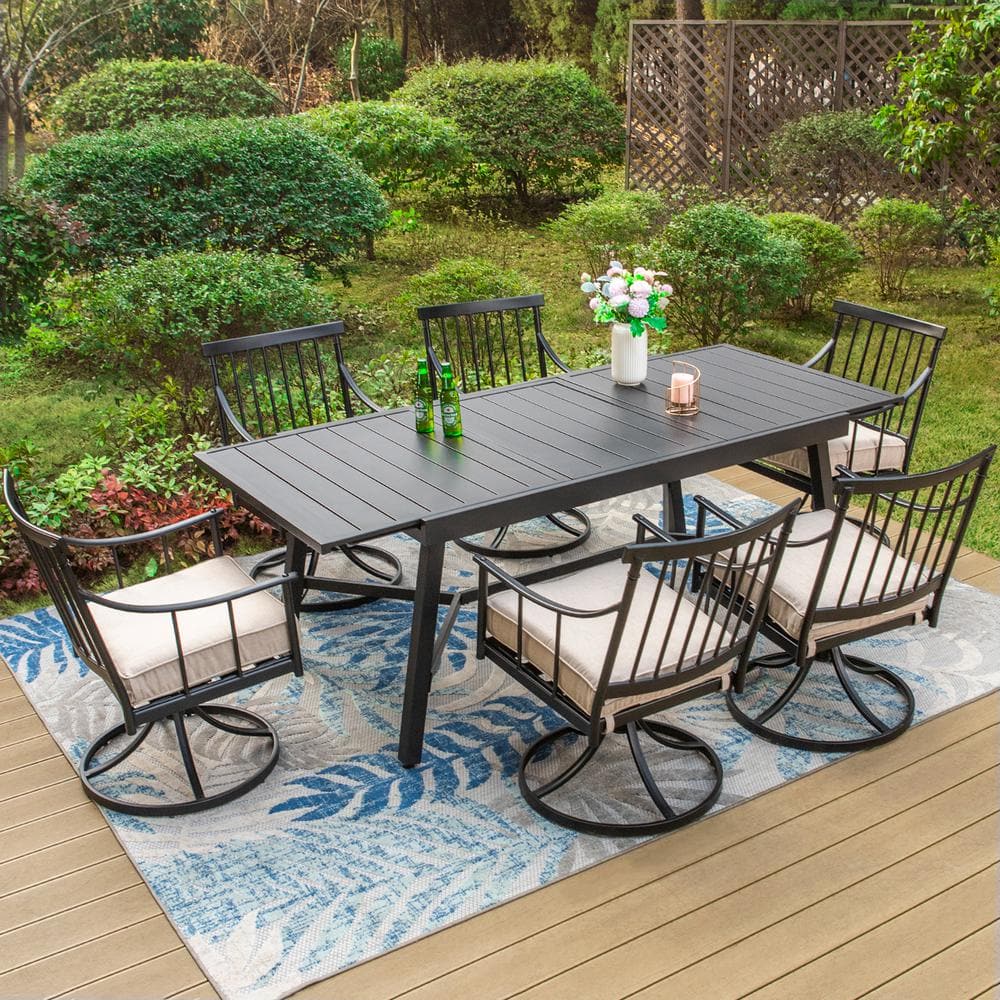 PHI VILLA 7-Piece Metal Patio Outdoor Dining Set with Extensible Slat ...