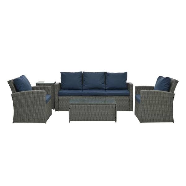 5-Piece Wicker Outdoor Conversation Set with Tempered Glass Table Top and Light Blue Cushions