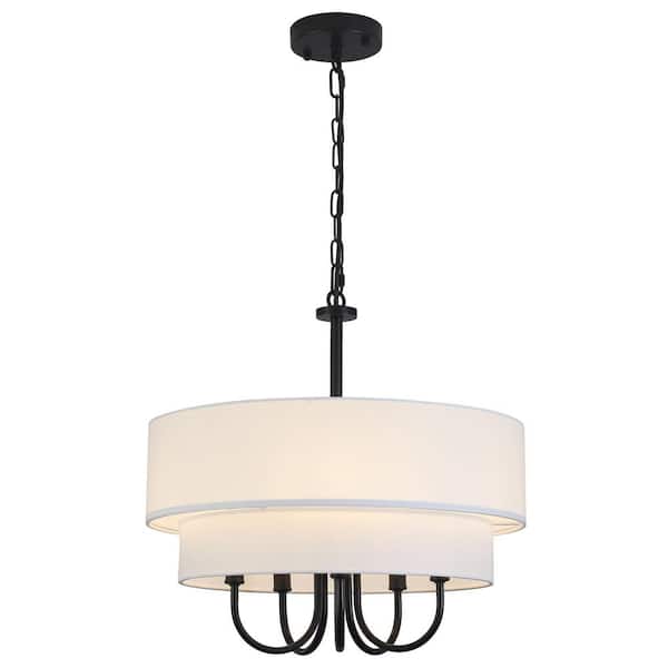 ADSENSTY 5-Light Black Modern Chandelier 2 Tiers Drum Light Fixture with Fabric Shaded for Living Room