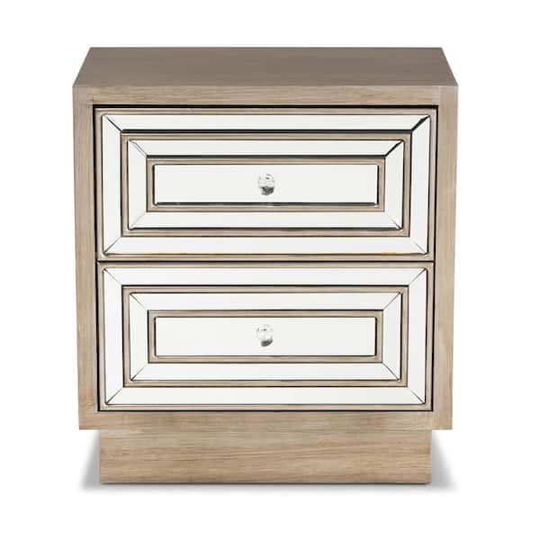 Baxton Studio Ellis 2-Drawer Natural Brown/Mirror Nightstand 26.18 in. H x 23.62 in. W x 15.75 in. D