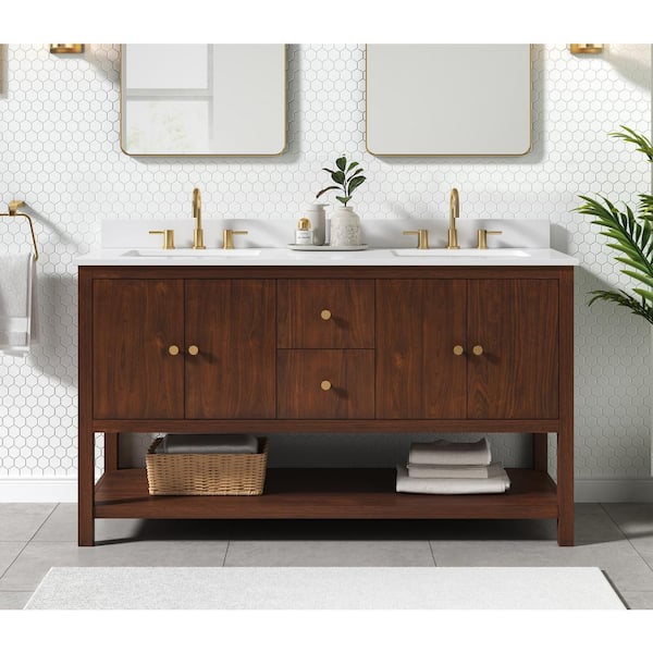 Avanity Zoe 61 in. Double Sink Walnut Bath Vanity with White Quartz Top
