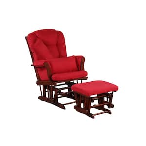 Premium Cherry Bent Wood with Dark Cherry and Red Fabric Glider and Ottoman Set with Bonus Back and Arm Pillows