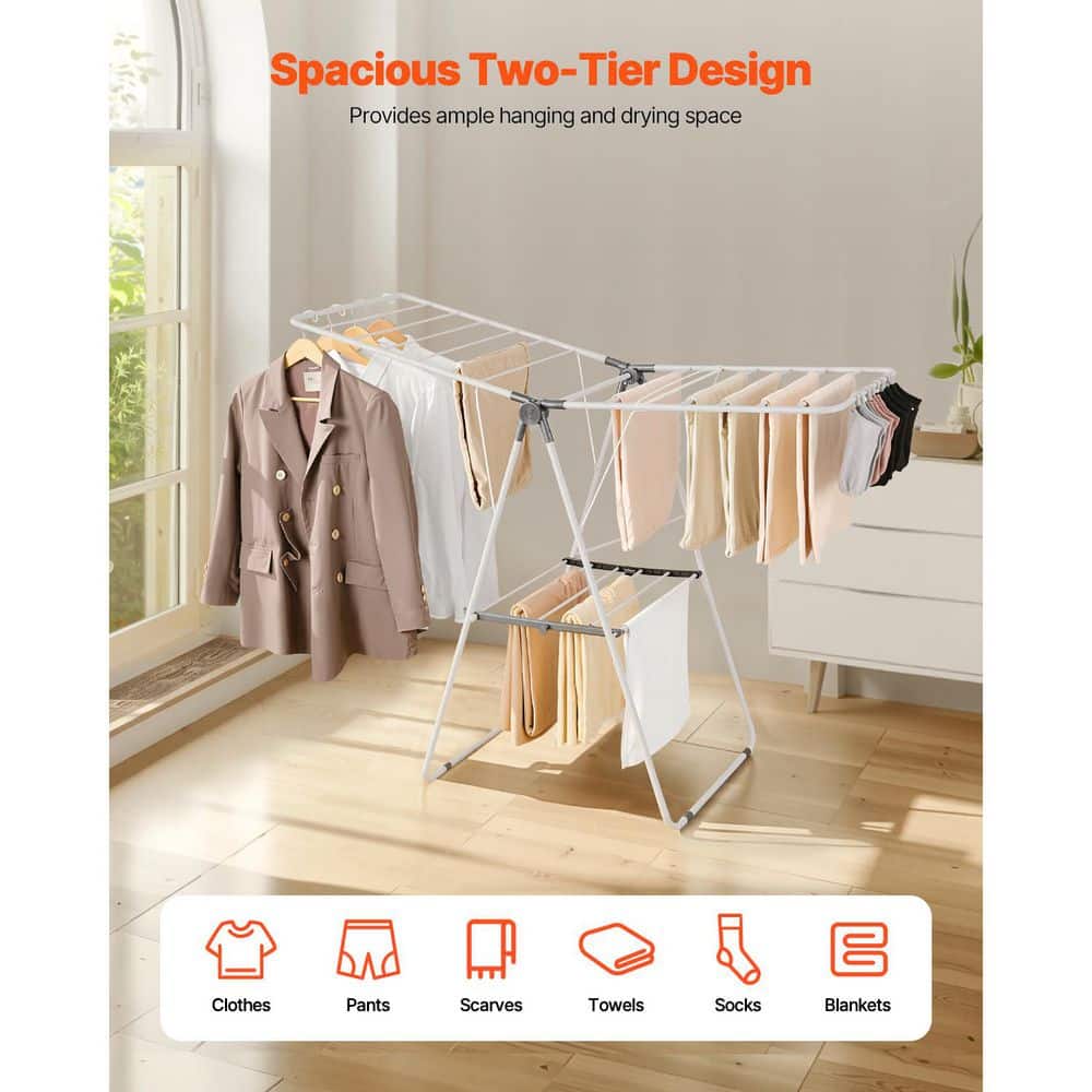 SKYSHALO 2-Tier Foldable Laundry Dryer Rack with 21 Drying Rods, Sock Clips, Metal Height-Adjustable, White LDSLYJAX5059Q3FK5001V0-SK0512