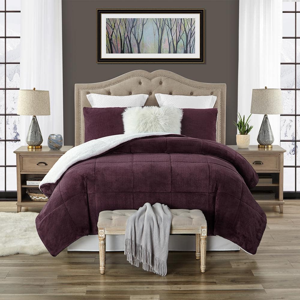 Wine Faux Fur and Sherpa Reversible Full Comforter Set