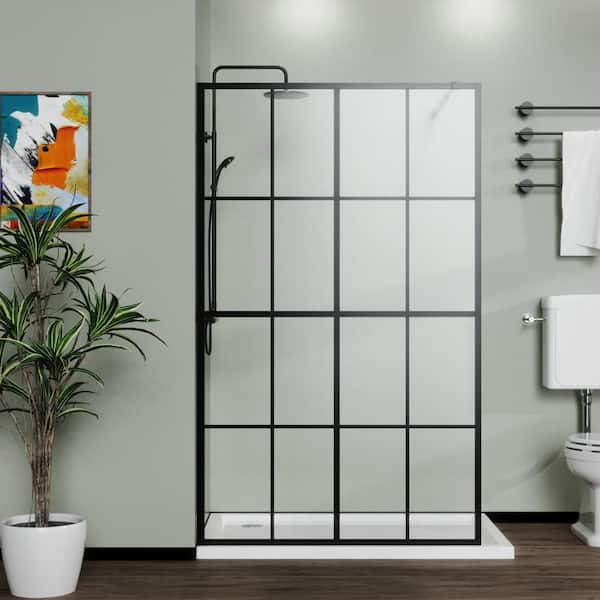 46 in. W x 72 in. H Framed Fixed Shower Door in Black with Clear Tempered Glass