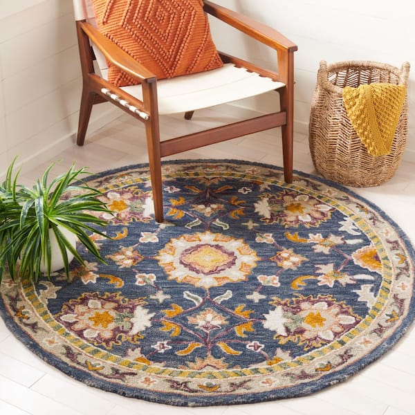 Aspen 5 ft. x 5 ft. Blue/Rust Garden Medallion Round Area Rug