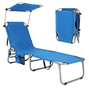 Foldable Metal Patio Outdoor Lounge Chair with Canopy and Side Package in Blue