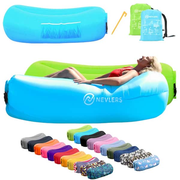 Blue and Green Inflatable Loungers with Travel Bags and Pockets (2-Pack)