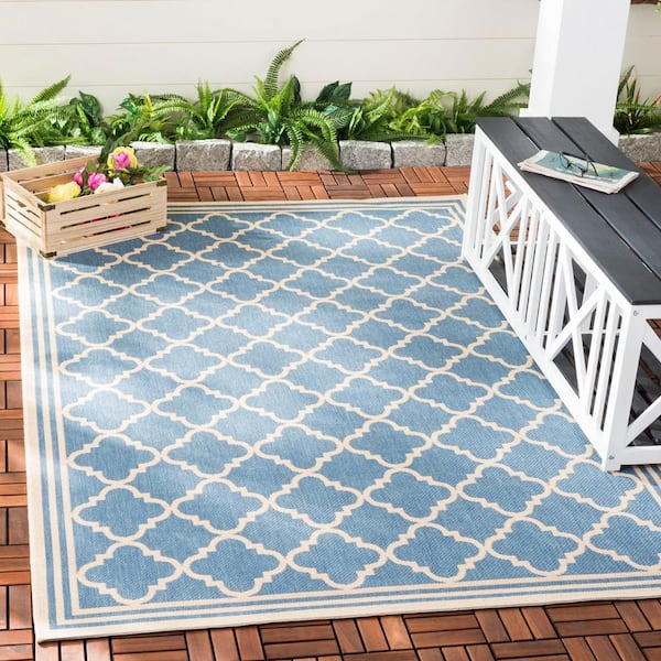 Beach House Blue/Cream 7 ft. x 7 ft. Square Trellis Indoor/Outdoor Patio  Area Rug