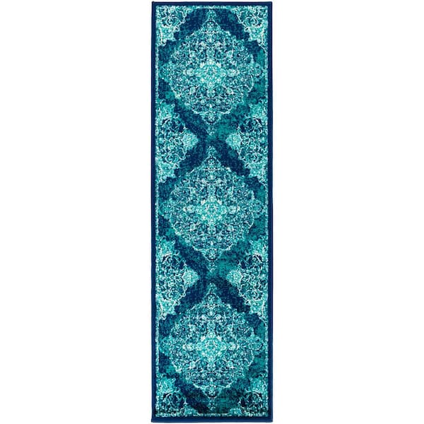 Livabliss Sora Teal/Navy 2 ft. 2 in. x 7 ft. 6 in. Oriental Runner Rug