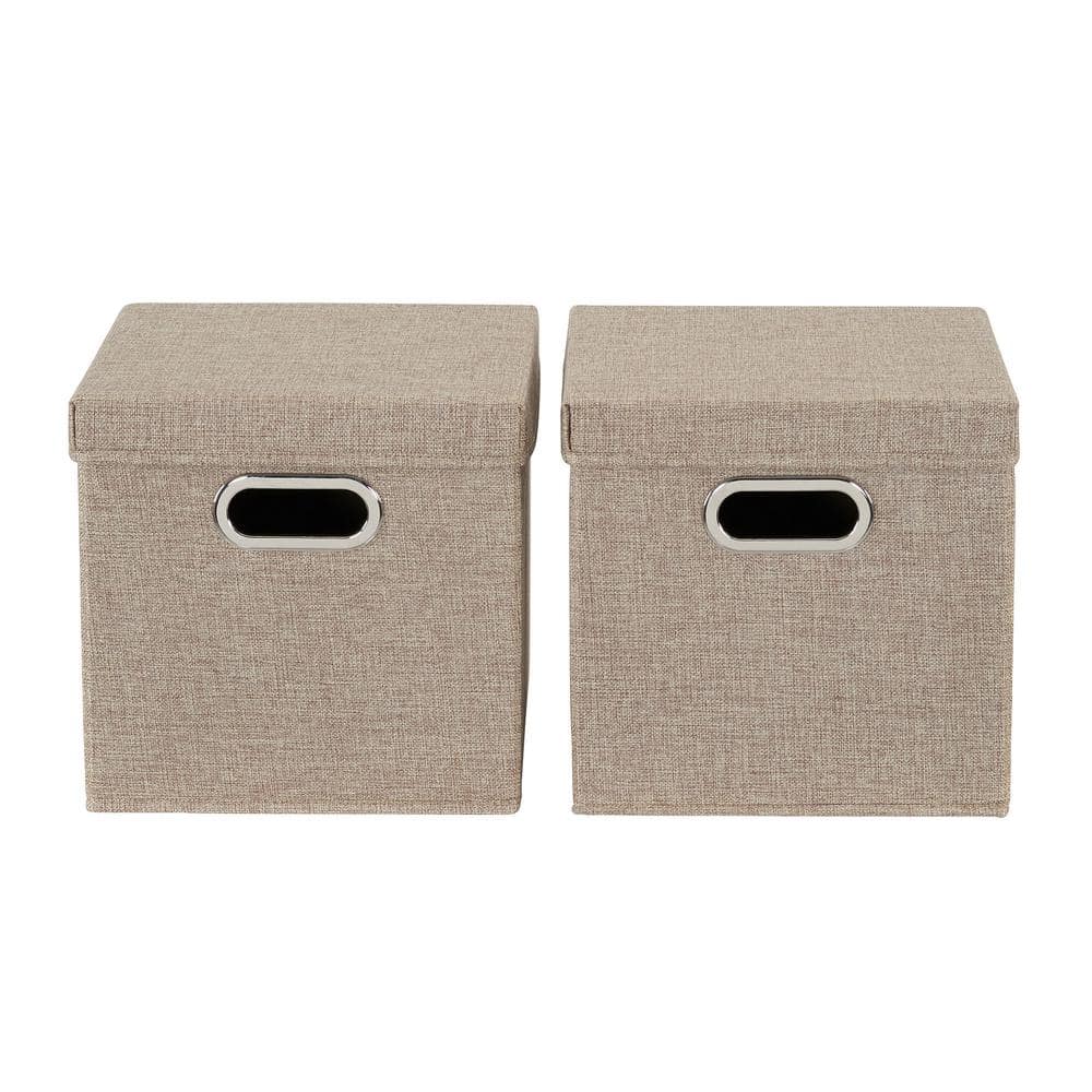 Set of 2 Beige Linen Fabric Collapsible Storage Cubes with Lids