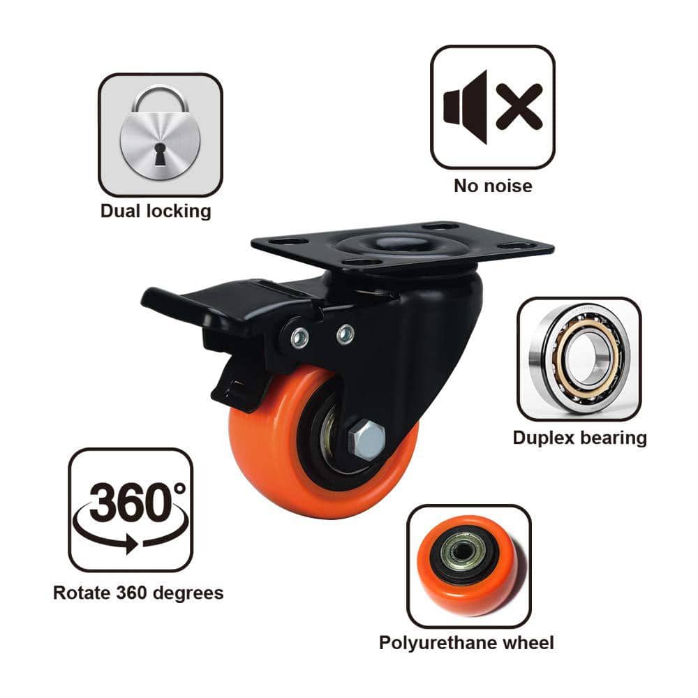 2" Orange Polyurethane Heavy Duty Caster Wheels with Brake, Set of 4