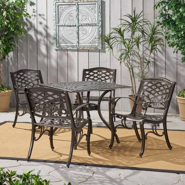 Noble House Sarasota Bronze 5 Piece Aluminum Square Outdoor Dining Set 8097 The Home Depot