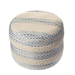 Nora Blue/Cream Striped Hand-Woven Cotton Blend Ottoman Pouf
