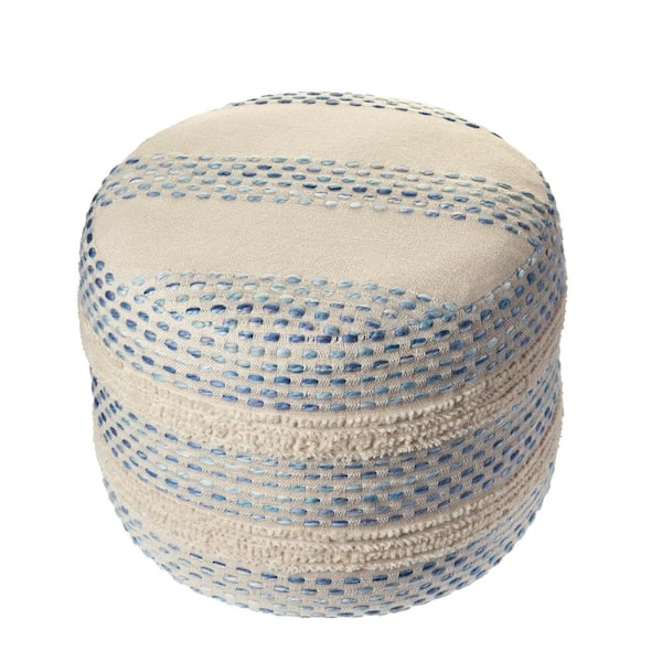 LR Home Nora Blue/Cream Striped Hand-Woven Cotton Blend Ottoman Pouf