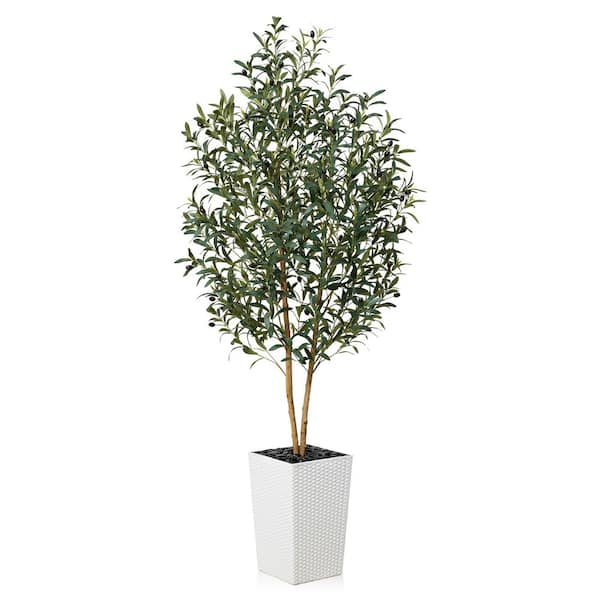 6 ft. Artificial Olive Tree Indoor/Outdoor White Planter,Real Wood Trunk,Faux Plants for Home Office Living Room Decor
