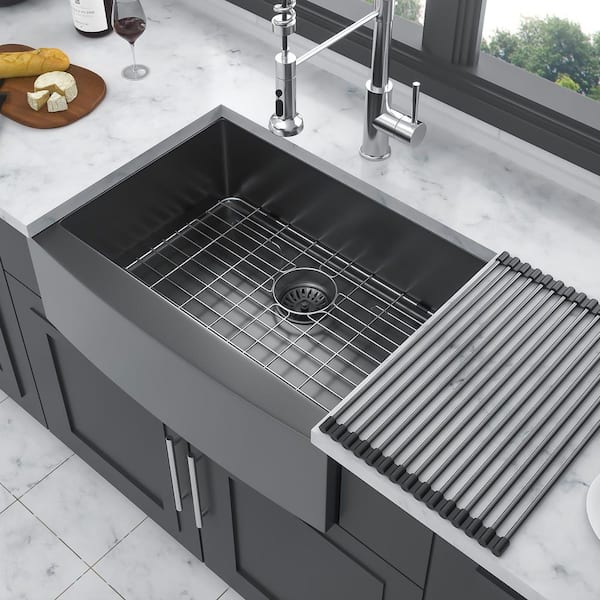 27 in. Farmhouse Single Bowl 16 Gauge Gunmetal Black Stainless Steel Kitchen Sink with Bottom Grids