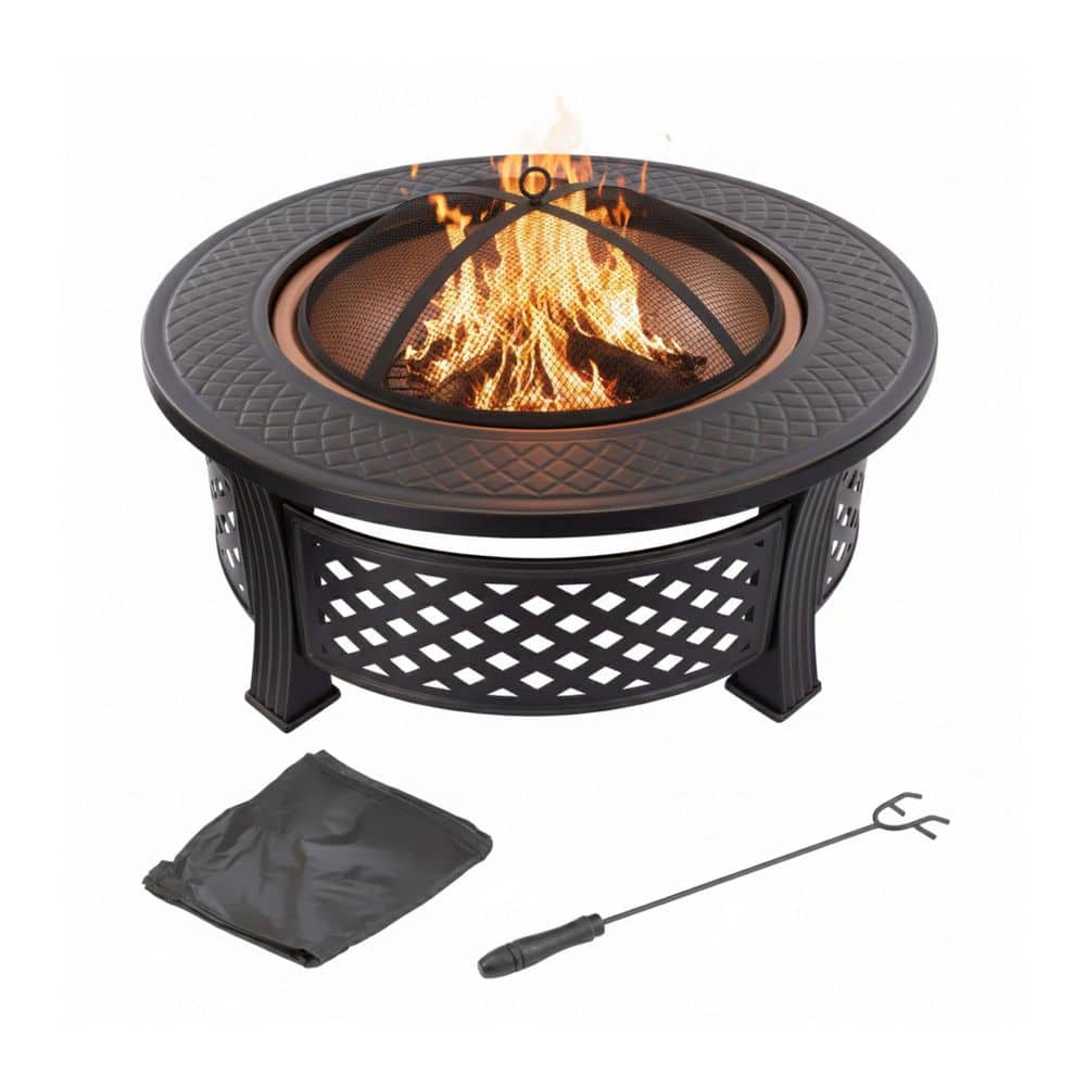 Pure Garden 32 in. Steel Round Fire Pit with Spark Screen and Log Poker M150122