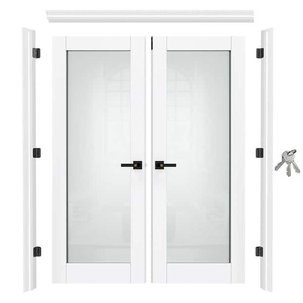 60 in. x 80 in. Full Lite Frosted Glass Primed Wood Assembly Required Door Kit with Quick Assemble Jamb, Lever & Latch