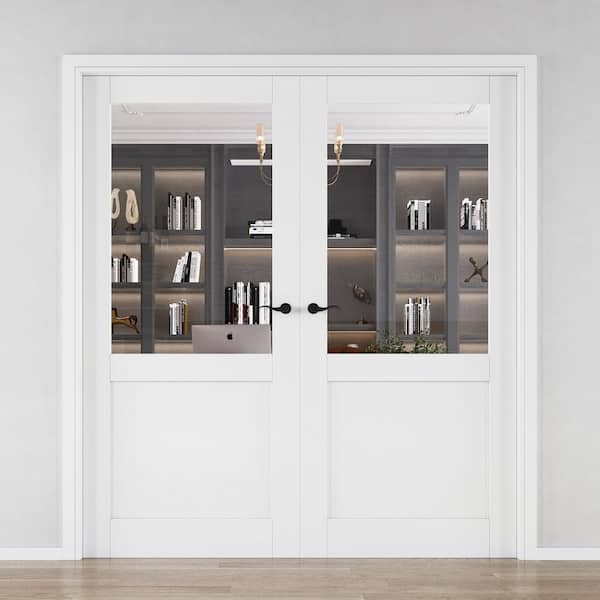 72 in. W. x 80 in. Universal Handed 1/2-Lite Clear Glass White Solid Core Double Prehung French Door with Assemble Jamb