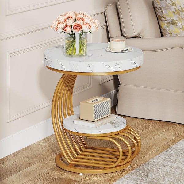 BYBLIGHT 19.7 in. White Round Wood and Metal C-Shape End Table, 2-Tier Modern Side Table with Shelf Storage and Faux Marble Top