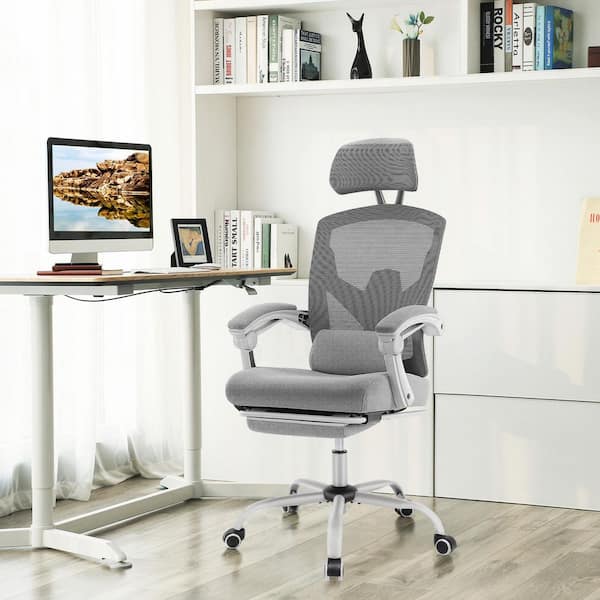 WONDER COMFORT Ergonomic High-Back Mesh Reclining Home Office Desk Chair with Footrest & Lumbar Support in Grey with Comfy Arms