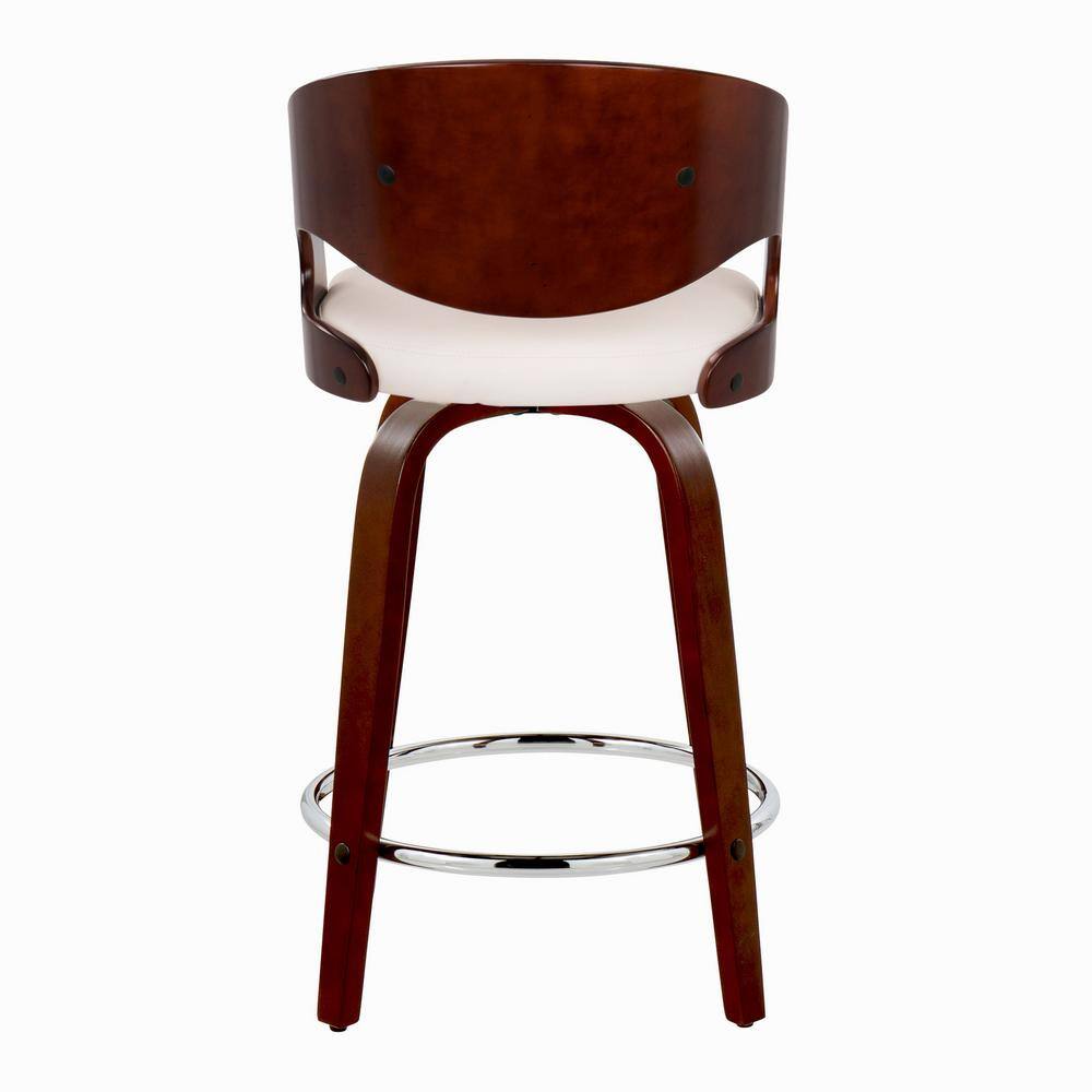 White Faux Leather and Cherry Wood Swivel Counter Stool