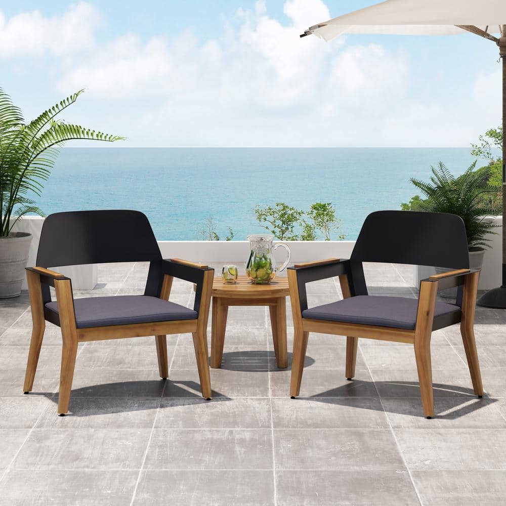 Teak Brown and Black Wood Dining Armchair with Cushions