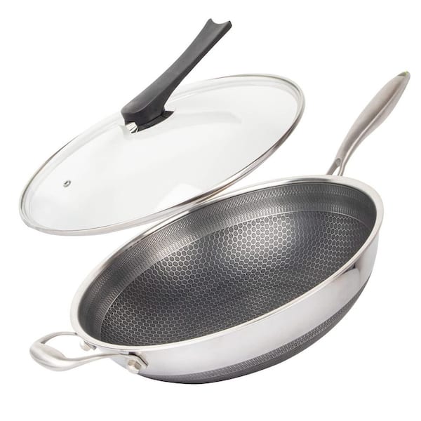 14-Piece Silver Honeycomb Nonstick Stainless Steel Wok Pan with Lid, Stay-Cool Handle, Induction Compatible Set