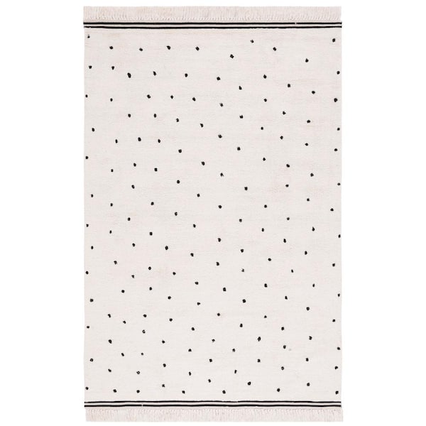 SAFAVIEH Easy Care Ivory/Black 8 ft. x 10 ft. Machine Washable Polka Dot Border Solid Color Area Rug