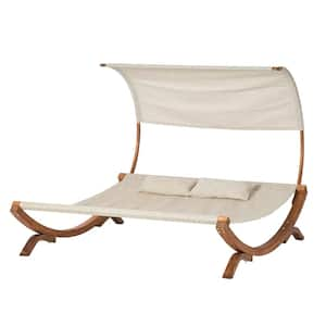 Wood Outdoor Sunbed with Canopy, Teak Stained and Off-White Fabric with 2-Pillows