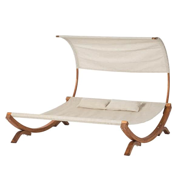 Sungrd Wood Outdoor Sunbed with Canopy, Teak Stained and Off-White Fabric with 2-Pillows