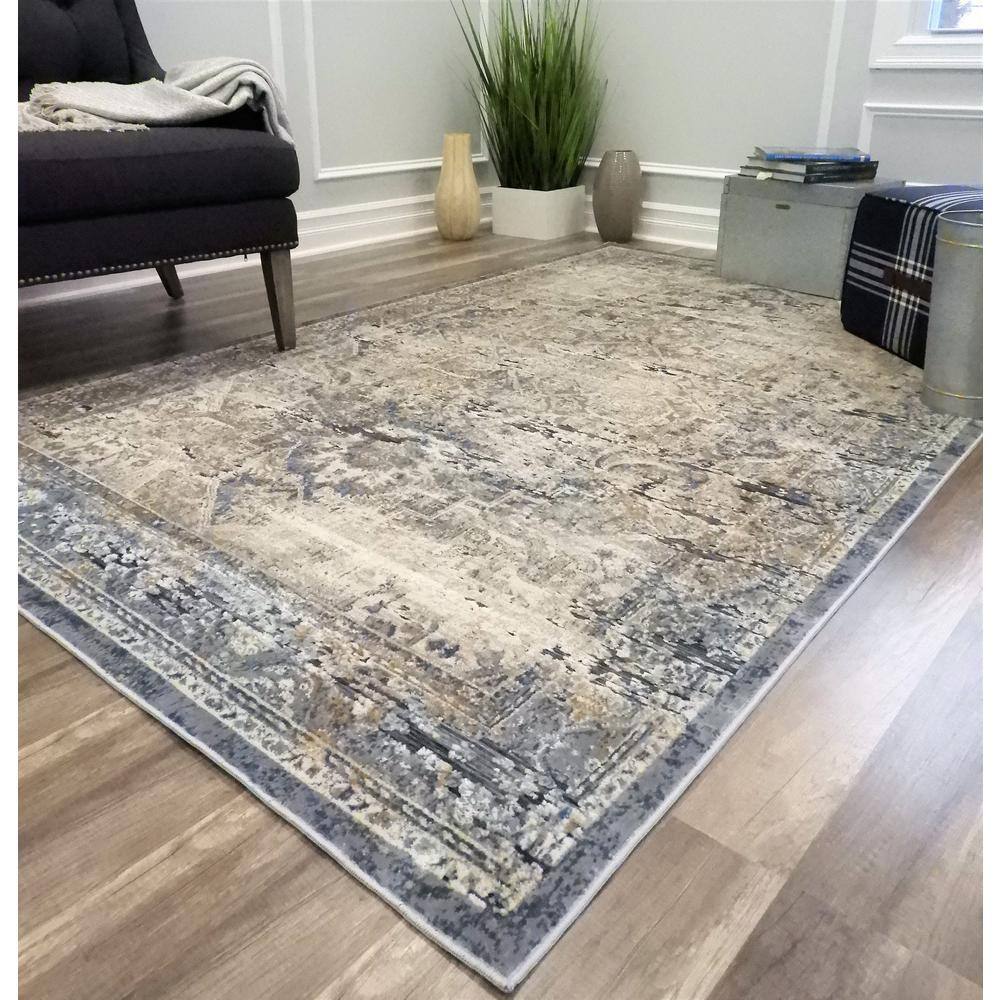 Blue and Beige Abstract Synthetic Runner Rug, 2'3" x 8'