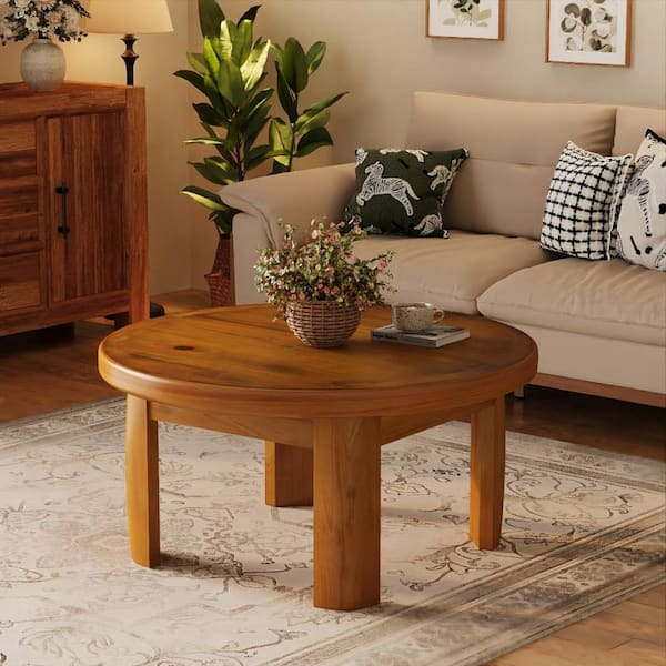 Brown 31.5 in. Round Solid Wood Coffee Tables, Modern Circle Accent Cocktail Center Tea Table for Living Room Home