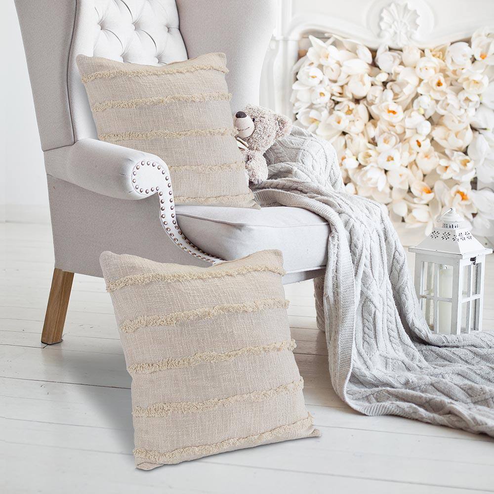 Beige Over-Tufted Fringed 20" Square Throw Pillow