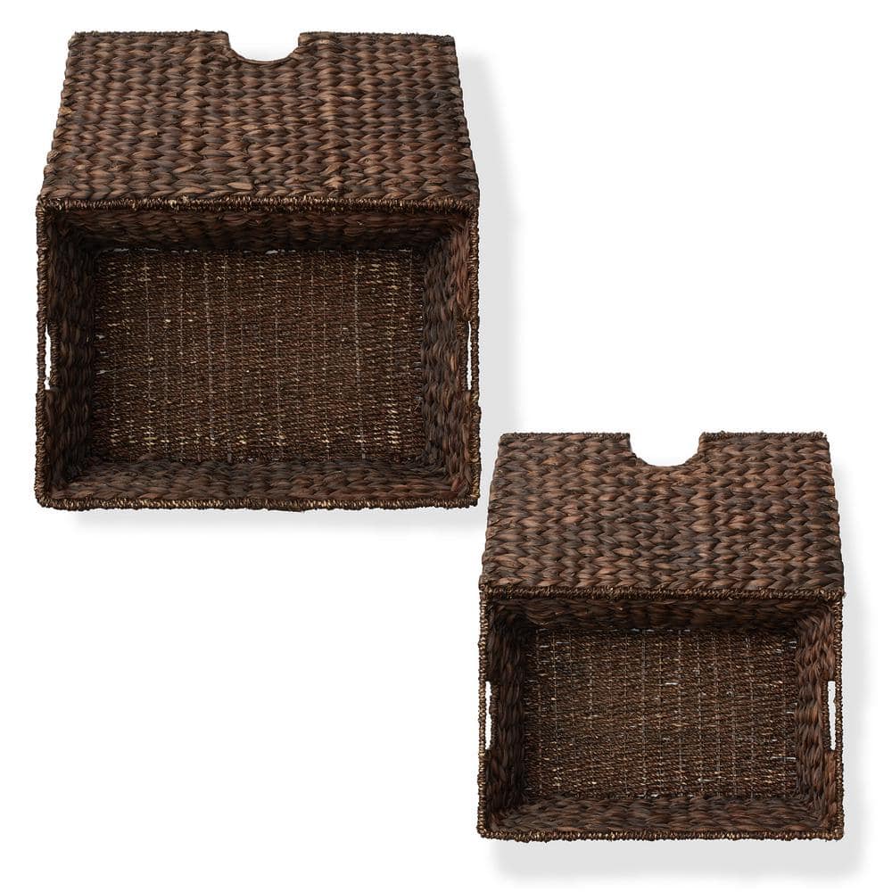 Set of 2 Dark Brown Water Hyacinth Storage Baskets with Lids