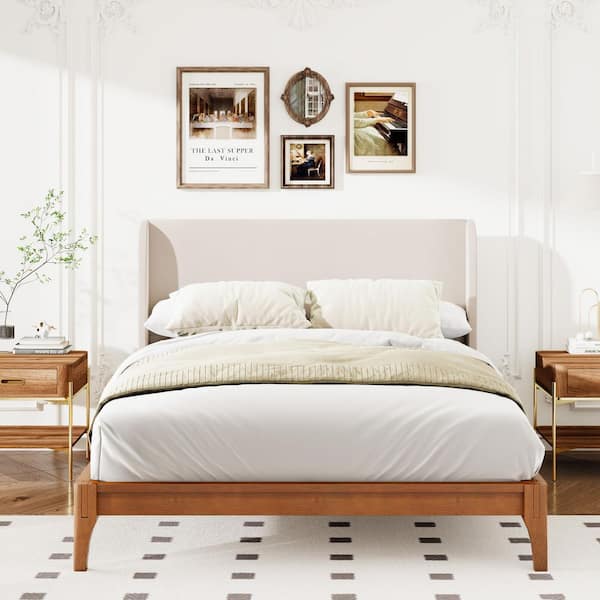 Tan (Beige) Queen Size Double Wing Linen Upholstered High Headboard (Bed Frame Not Included)